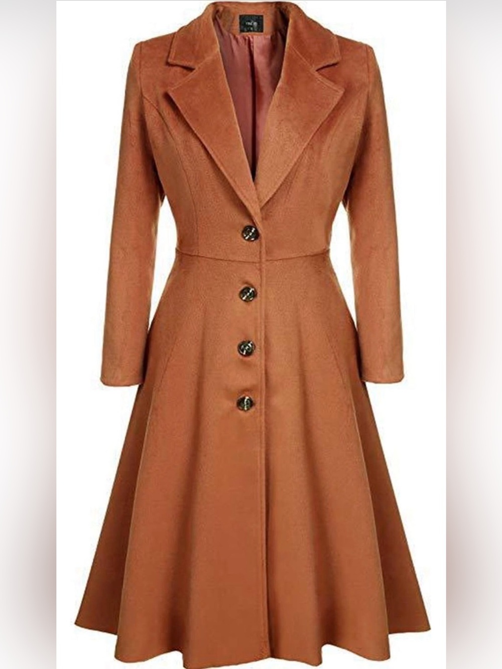 Finejo Women’s Small Fit & Flare Long Coat Camel Brown Princess Swing Coat